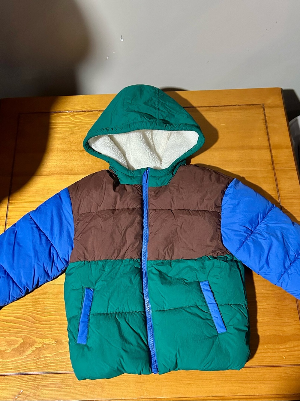 Old Navy Colorblock winter Puffer Jacket in Green, Brown & Blue